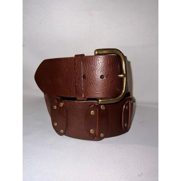 BANANA REPUBLIC Women's Size S Brown Genuine Leather Wide Panel Studded Belt - Picture 3 of 6